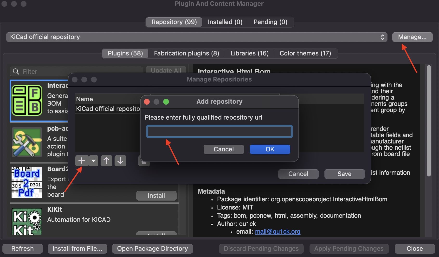 Add the repository URL in KiCad's Plugin and Content Manager